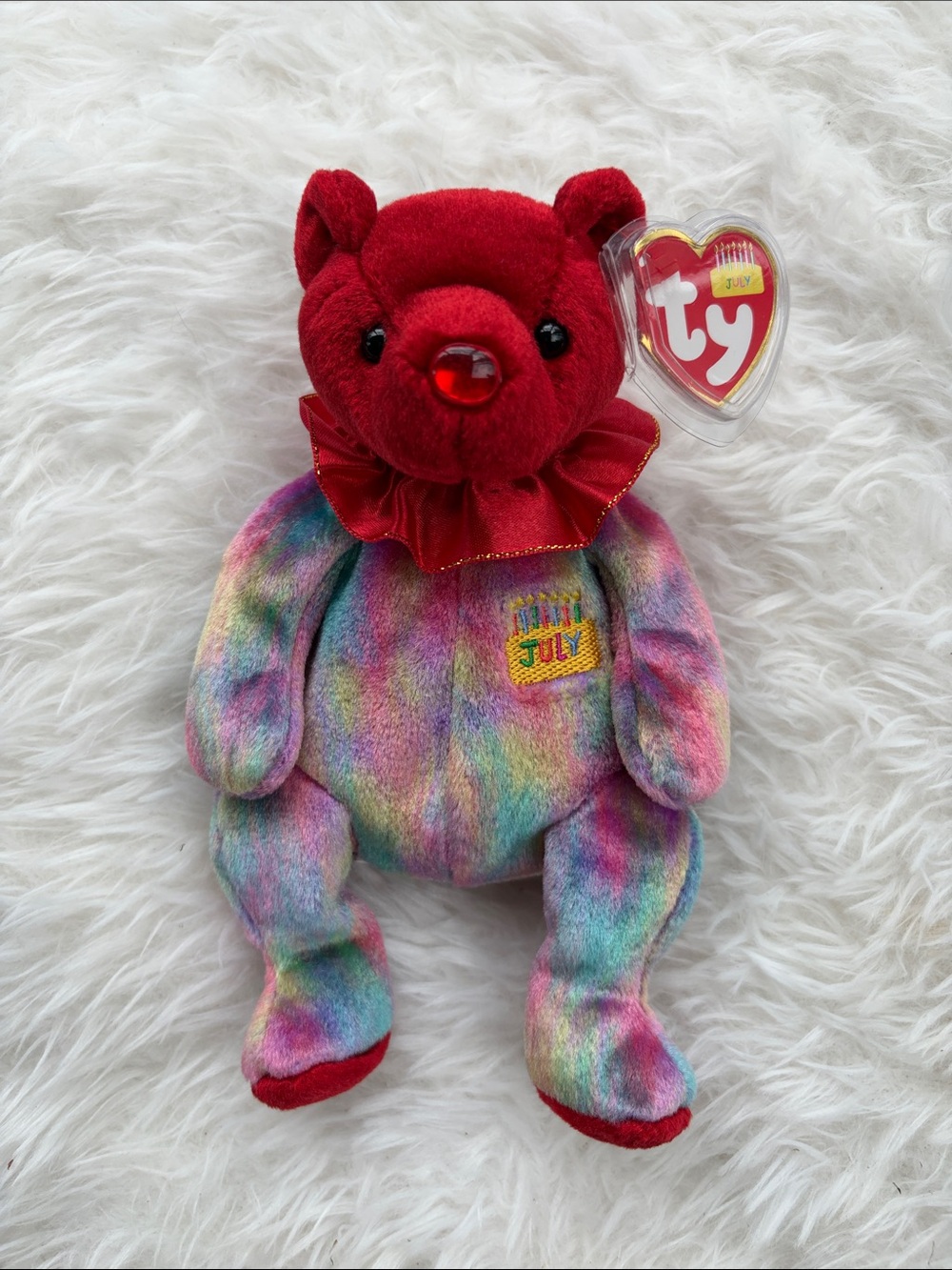 Ty Plush Bear Red Head with Multicolor Tie-Dye Body